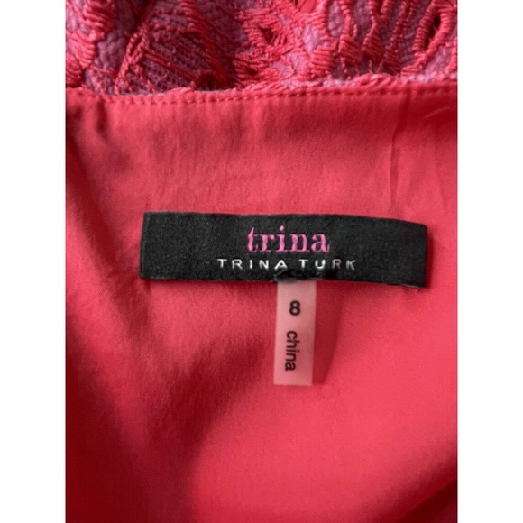 TRINA TURK Carpinteria Medallion Floral Lace Ruffle Hem Dress Size 8 Pink V Neck - Picture 7 of 9